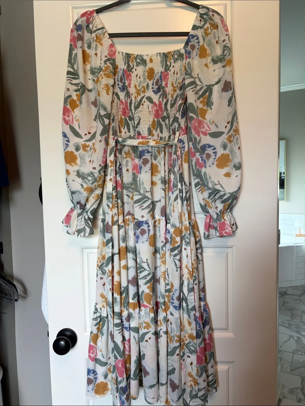 Floral Smocked Maxi Dress in Cream with Pink & Mustard